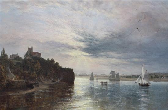 Henry Thomas Dawson (1841-1896) Shipping along the coast on a calm sea 16 x 24in., canvas torn